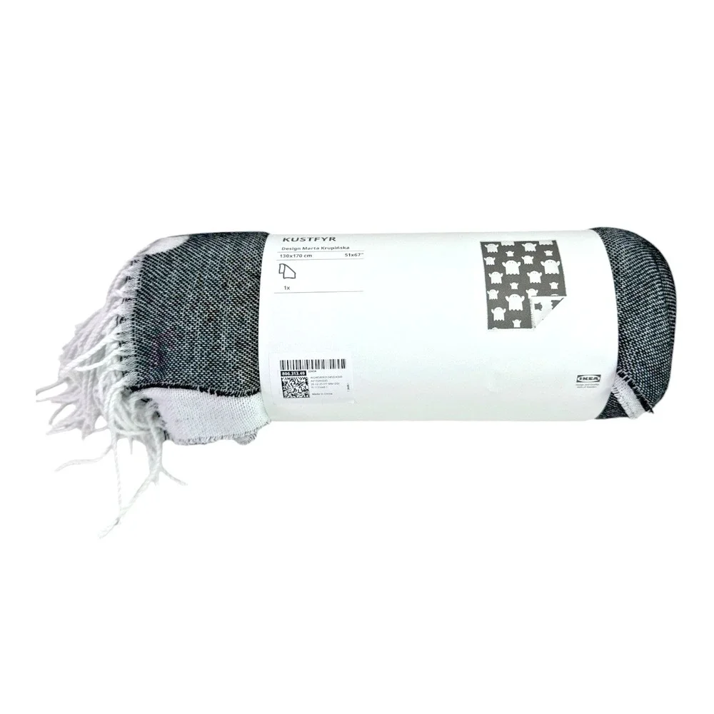 IKEA KUSTFYR Ghost Pattern Throw Blanket 51x67 Black White Reversible Fringe